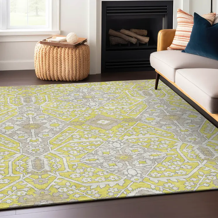 3' X 5' Yellow Ivory And Beige Floral Washable Indoor Outdoor Area Rug