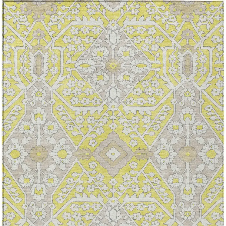 5' X 8' Yellow Ivory And Beige Floral Washable Indoor Outdoor Area Rug