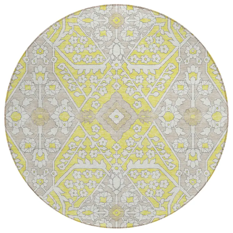 8' Yellow Ivory And Beige Round Floral Washable Indoor Outdoor Area Rug