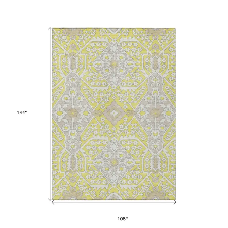 9' X 12' Yellow Ivory And Beige Floral Washable Indoor Outdoor Area Rug
