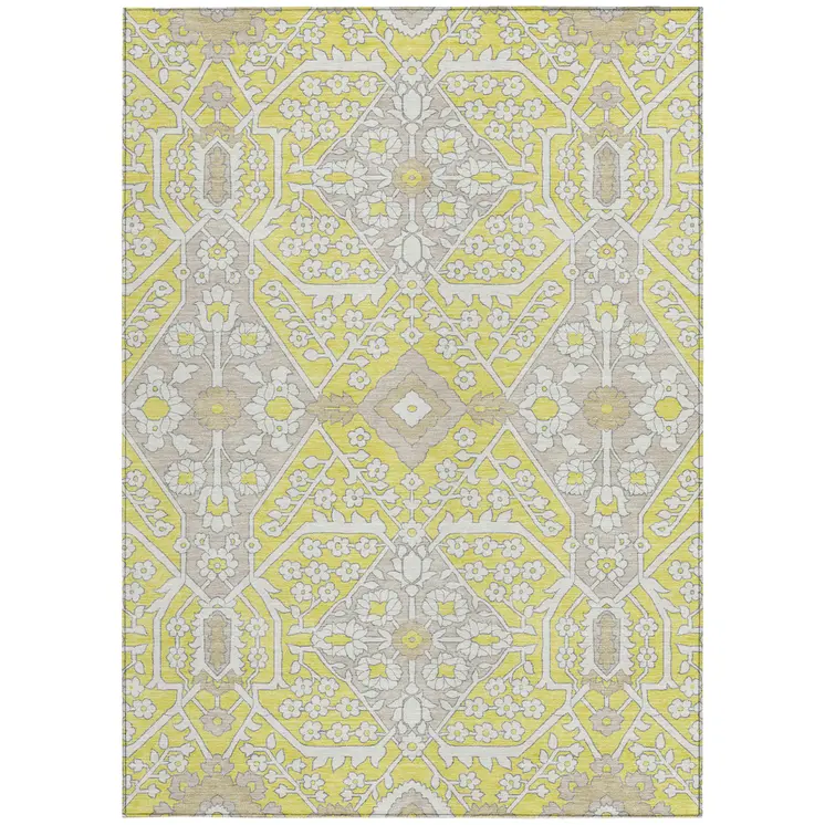 9' X 12' Yellow Ivory And Beige Floral Washable Indoor Outdoor Area Rug