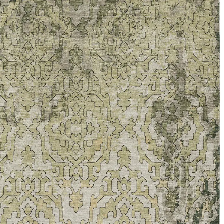 3' X 5' Artichoke Green And Beige Medallion Washable Indoor Outdoor Area Rug