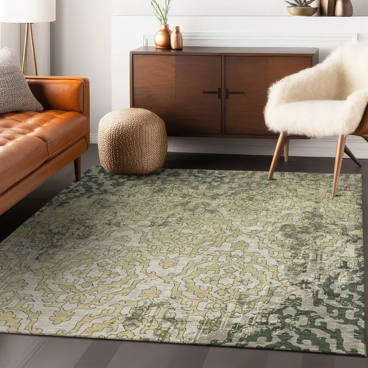 3' X 5' Artichoke Green And Beige Medallion Washable Indoor Outdoor Area Rug