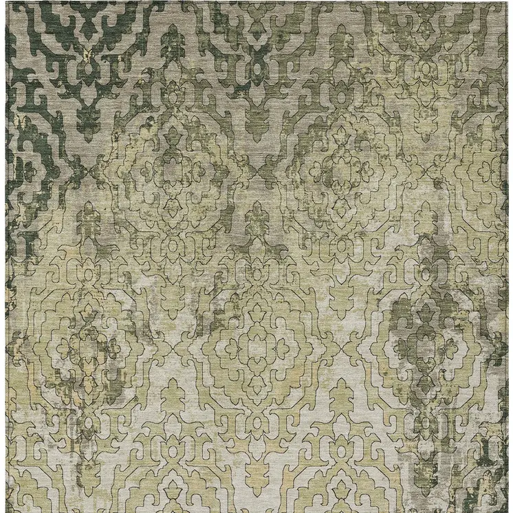 5' X 8' Artichoke Green And Beige Medallion Washable Indoor Outdoor Area Rug