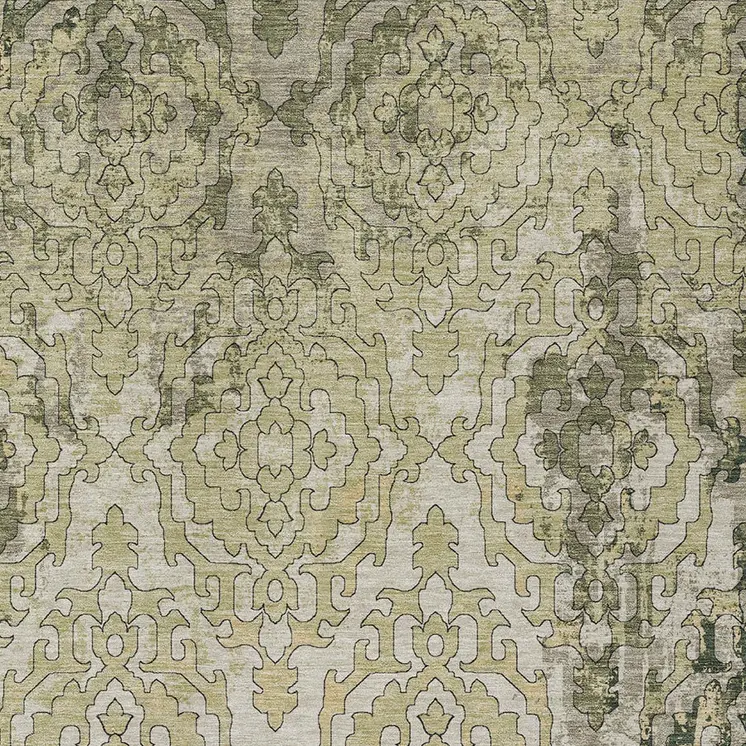 5' X 8' Artichoke Green And Beige Medallion Washable Indoor Outdoor Area Rug