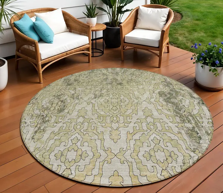 8' Artichoke Green And Beige Round Medallion Washable Indoor Outdoor Area Rug