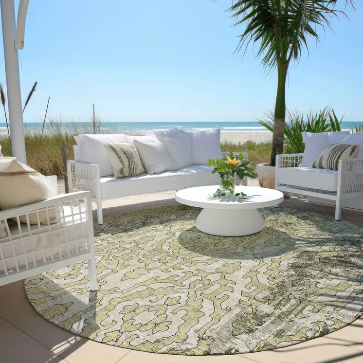 8' Artichoke Green And Beige Round Medallion Washable Indoor Outdoor Area Rug