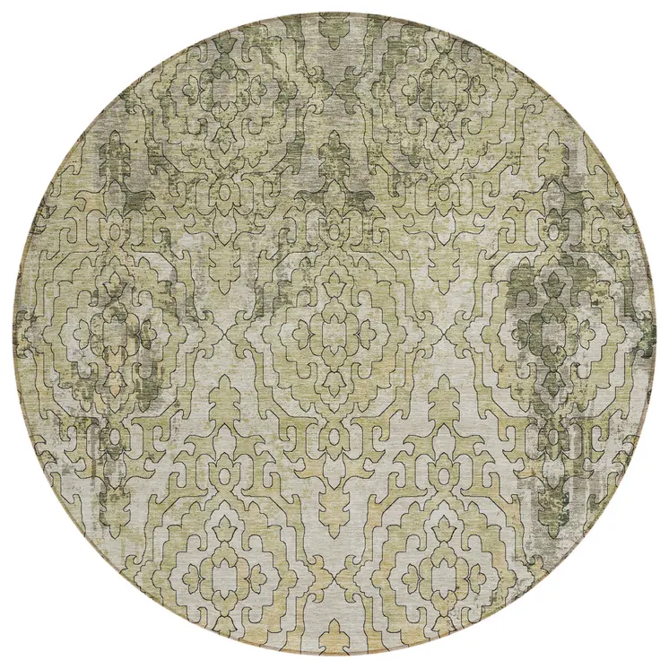 8' Artichoke Green And Beige Round Medallion Washable Indoor Outdoor Area Rug
