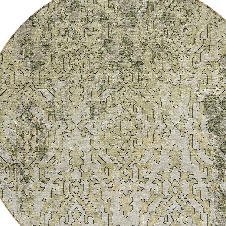 8' Artichoke Green And Beige Round Medallion Washable Indoor Outdoor Area Rug
