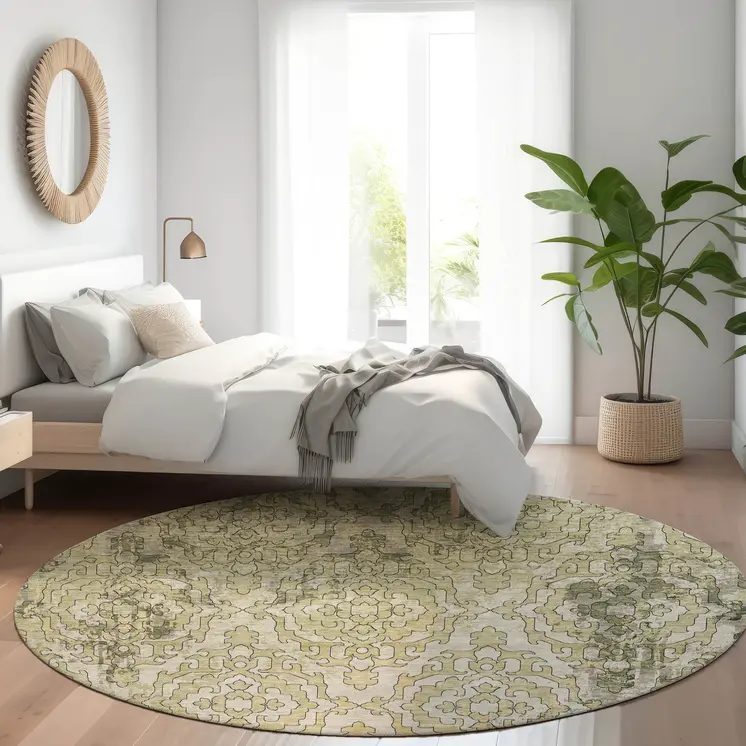 8' Artichoke Green And Beige Round Medallion Washable Indoor Outdoor Area Rug