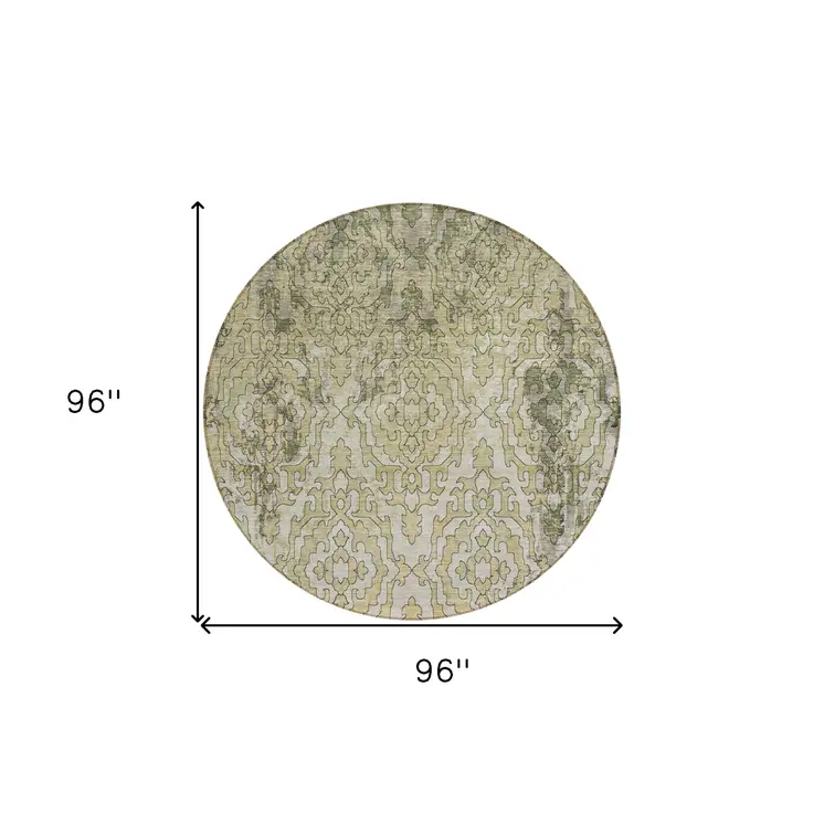8' Artichoke Green And Beige Round Medallion Washable Indoor Outdoor Area Rug