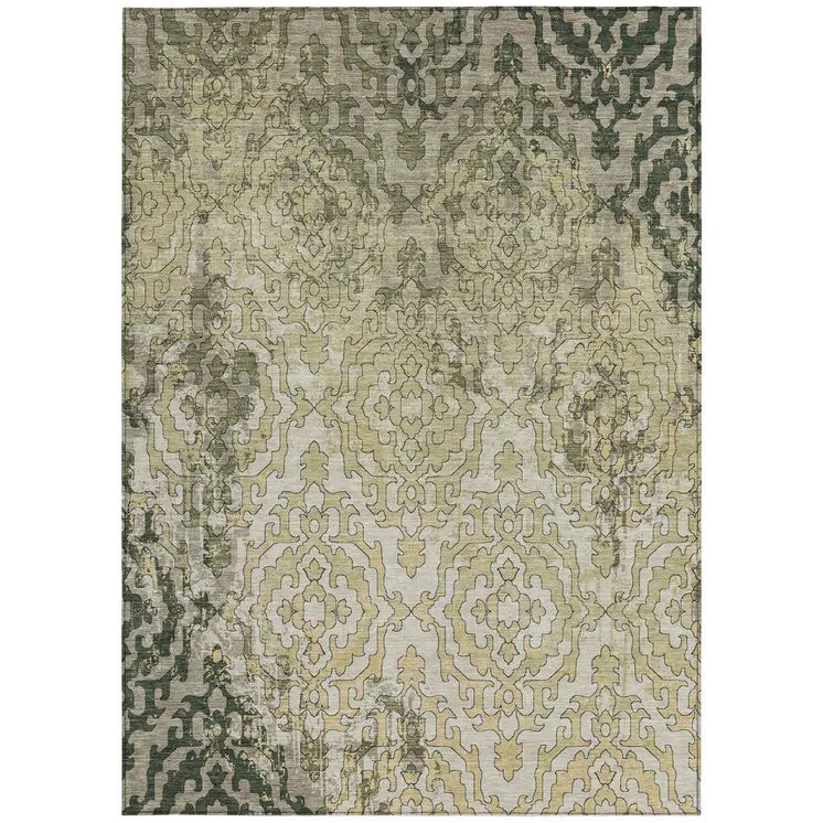 8' X 10' Artichoke Green And Beige Medallion Washable Indoor Outdoor Area Rug