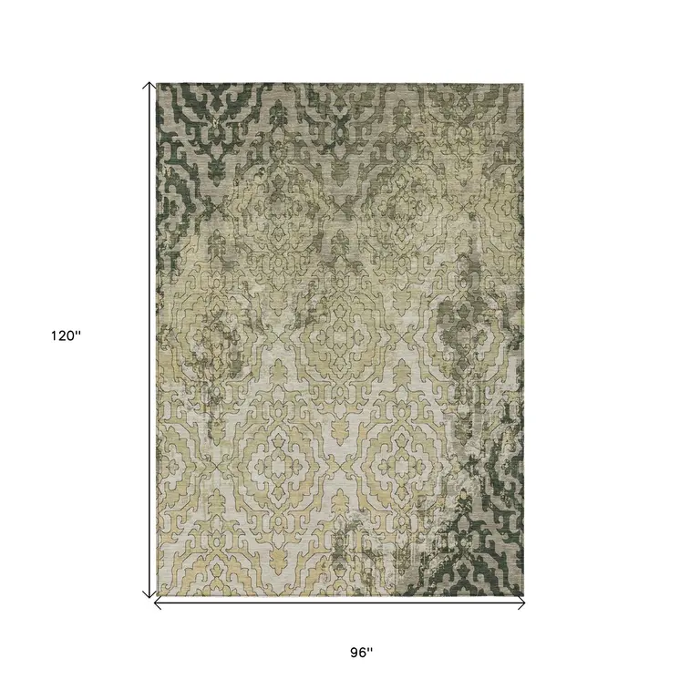 8' X 10' Artichoke Green And Beige Medallion Washable Indoor Outdoor Area Rug