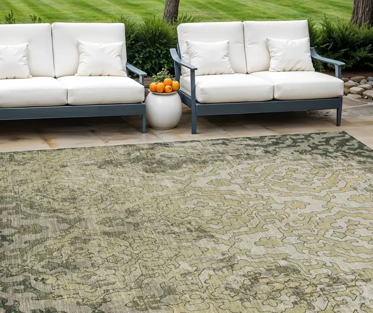 8' X 10' Artichoke Green And Beige Medallion Washable Indoor Outdoor Area Rug