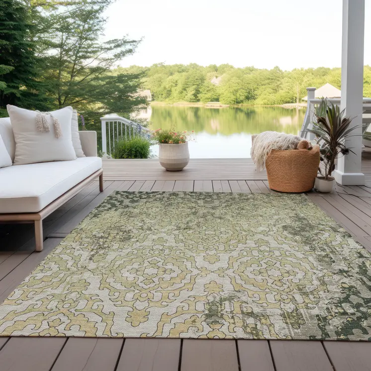 8' X 10' Artichoke Green And Beige Medallion Washable Indoor Outdoor Area Rug