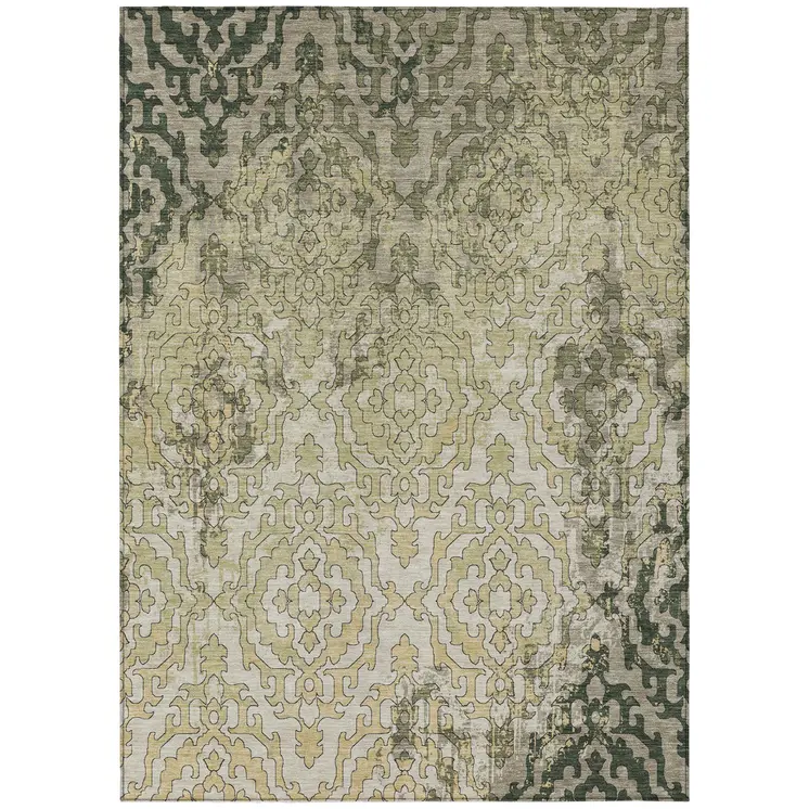 8' X 10' Artichoke Green And Beige Medallion Washable Indoor Outdoor Area Rug