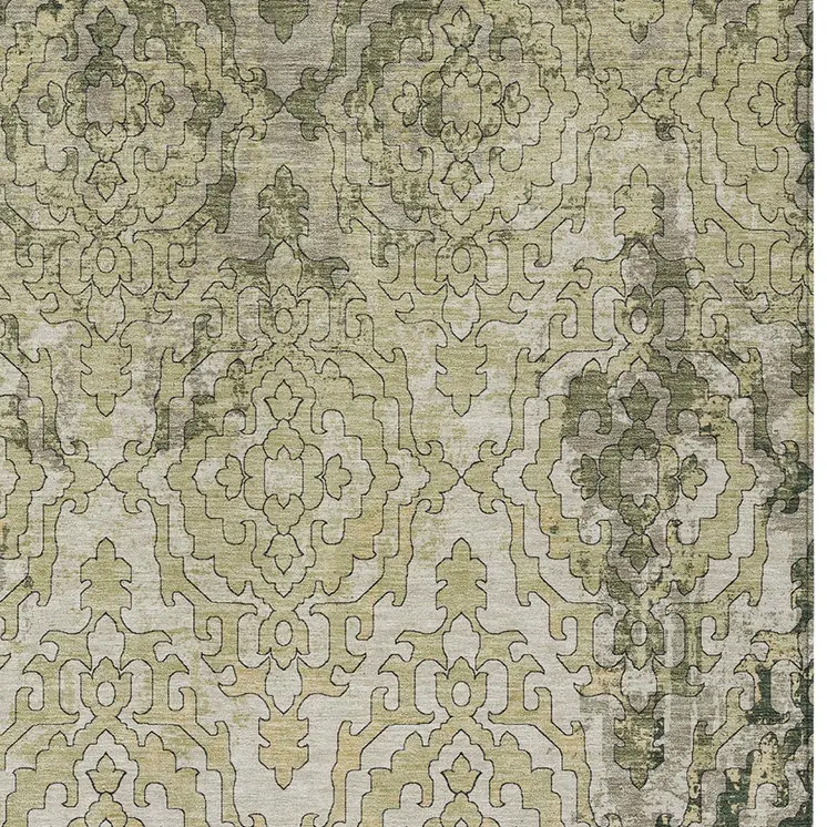 10' X 14' Artichoke Green And Beige Medallion Washable Indoor Outdoor Area Rug