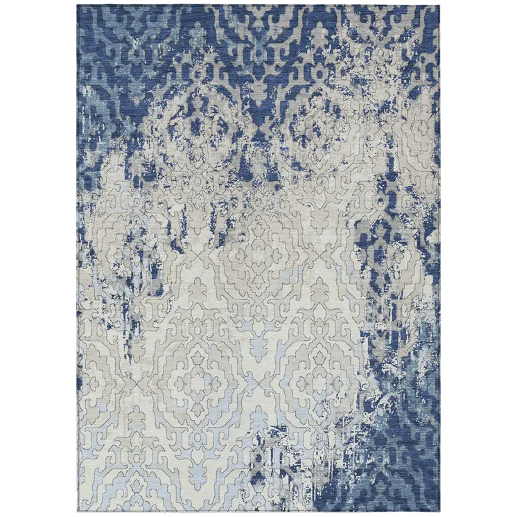 5' X 8' Navy Blue Beige And Sky Blue Medallion Washable Indoor Outdoor Area Rug