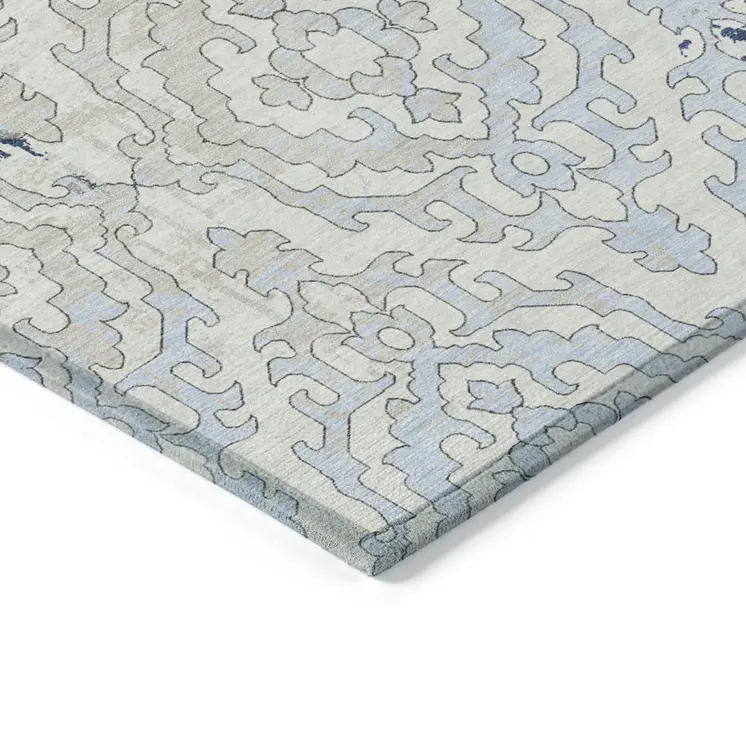 5' X 8' Navy Blue Beige And Sky Blue Medallion Washable Indoor Outdoor Area Rug
