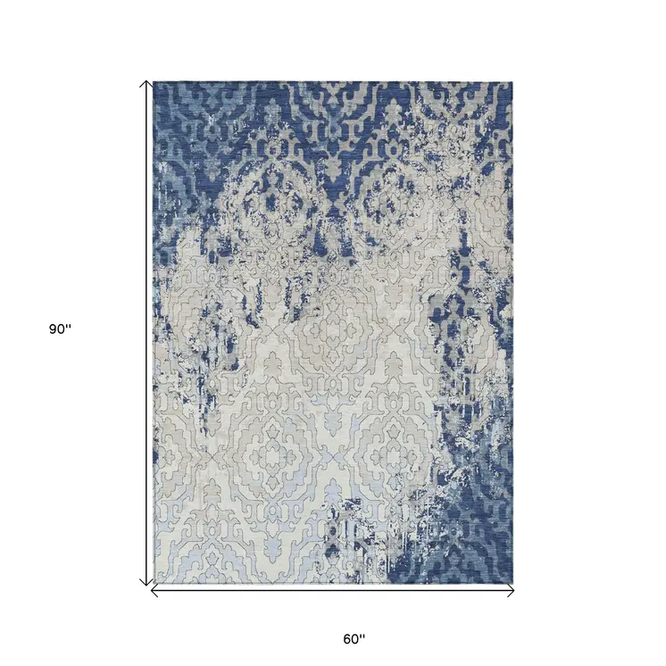 5' X 8' Navy Blue Beige And Sky Blue Medallion Washable Indoor Outdoor Area Rug