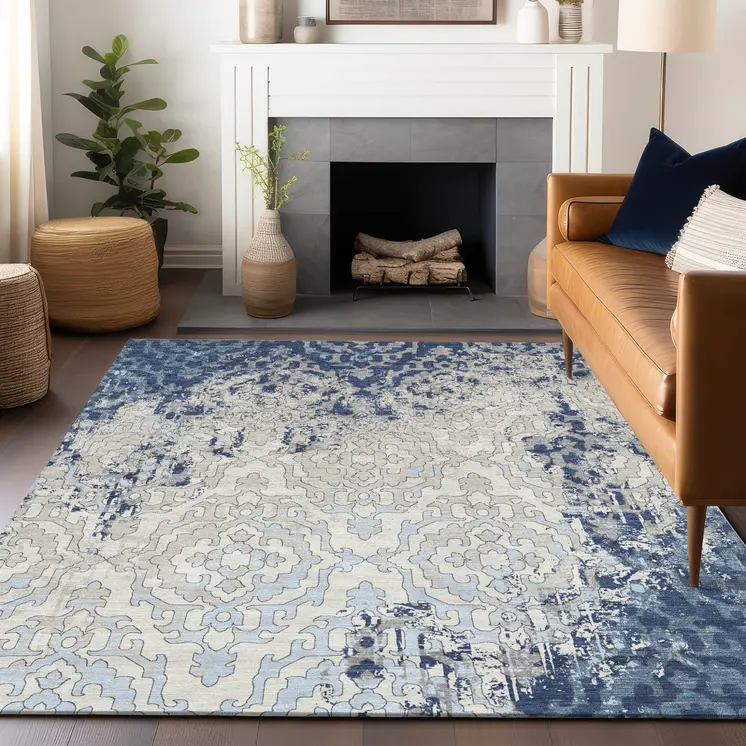 5' X 8' Navy Blue Beige And Sky Blue Medallion Washable Indoor Outdoor Area Rug