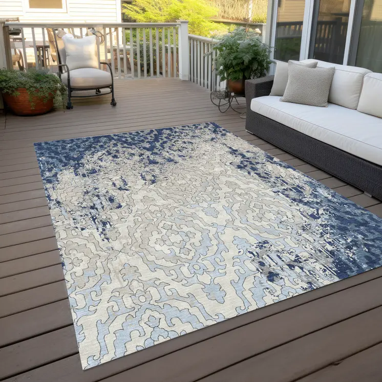 5' X 8' Navy Blue Beige And Sky Blue Medallion Washable Indoor Outdoor Area Rug