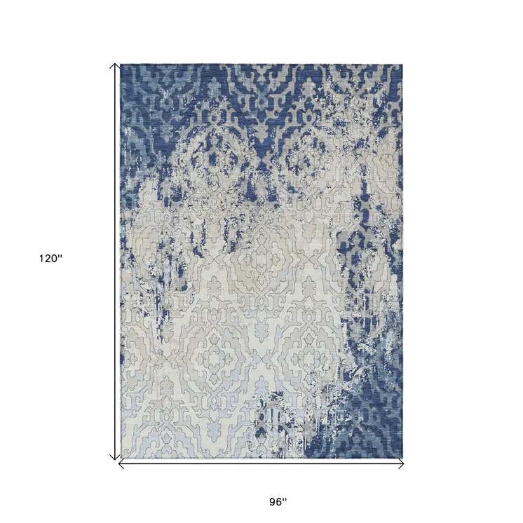 8' X 10' Navy Blue Beige And Sky Blue Medallion Washable Indoor Outdoor Area Rug