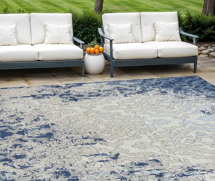 8' X 10' Navy Blue Beige And Sky Blue Medallion Washable Indoor Outdoor Area Rug