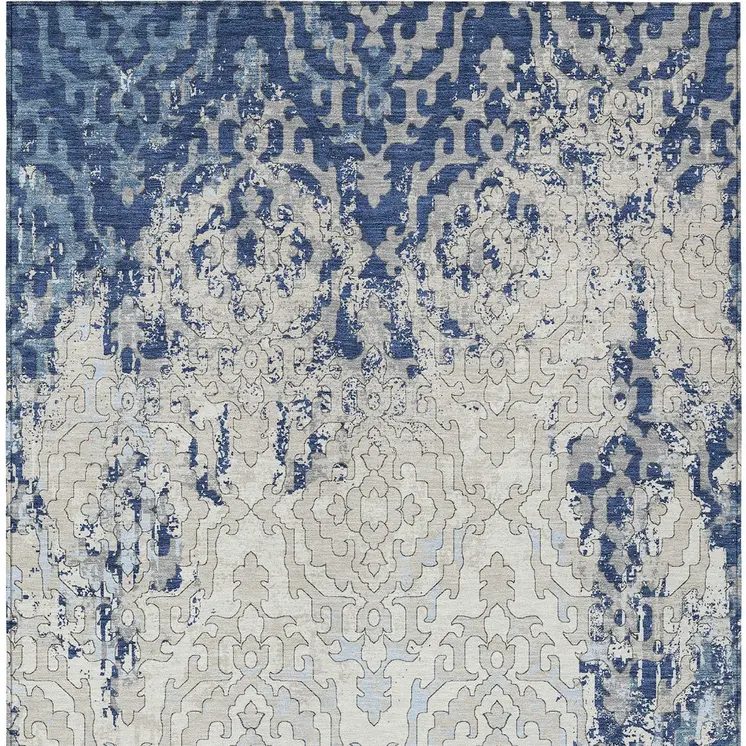 9' X 12' Navy Blue Beige And Sky Blue Medallion Washable Indoor Outdoor Area Rug