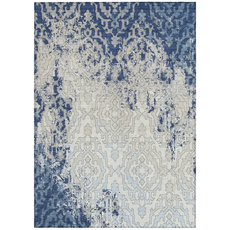 9' X 12' Navy Blue Beige And Sky Blue Medallion Washable Indoor Outdoor Area Rug