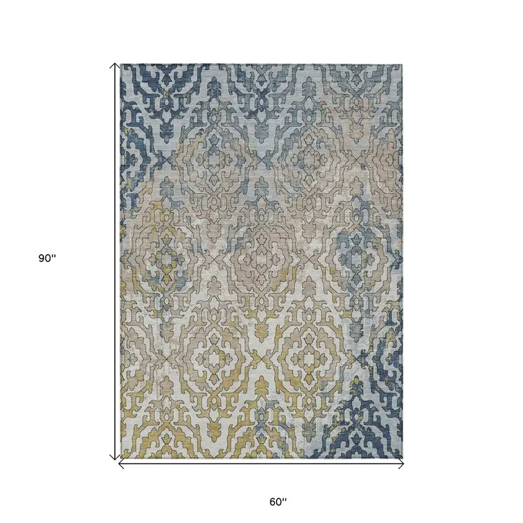 5' X 8' Sky Blue And Denim Blue Medallion Washable Indoor Outdoor Area Rug