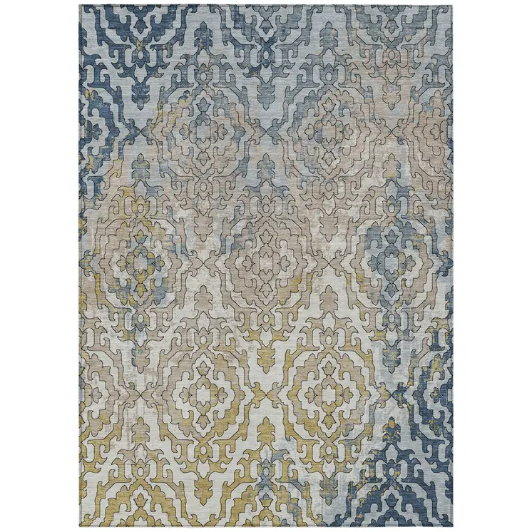 5' X 8' Sky Blue And Denim Blue Medallion Washable Indoor Outdoor Area Rug