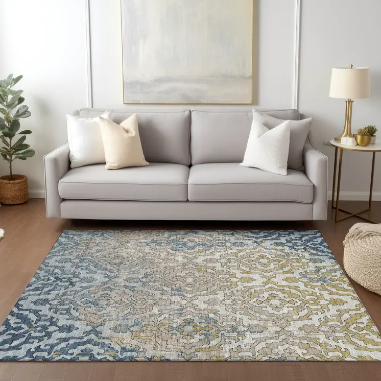 5' X 8' Sky Blue And Denim Blue Medallion Washable Indoor Outdoor Area Rug