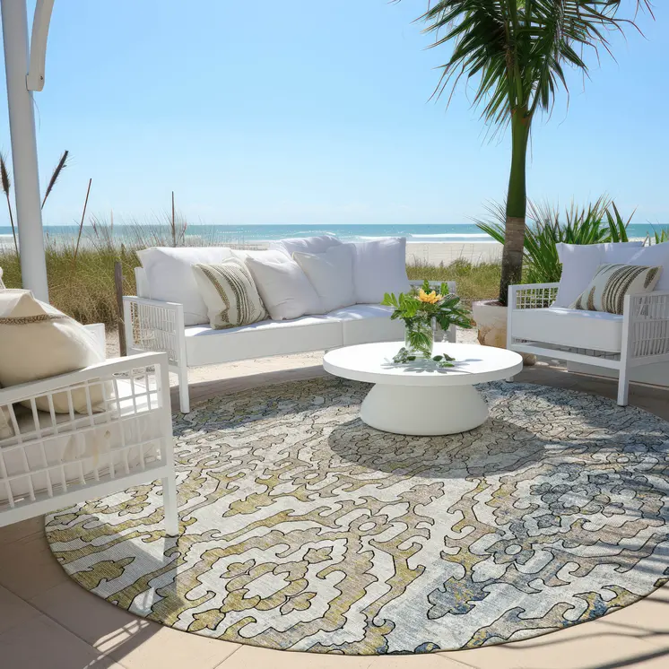 8' Sky Blue And Denim Blue Round Medallion Washable Indoor Outdoor Area Rug