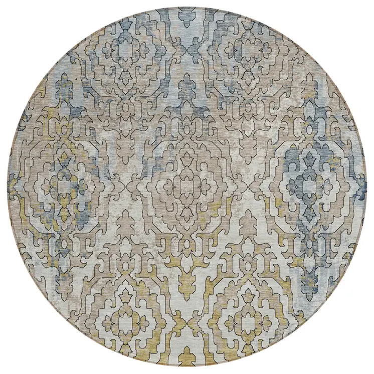 8' Sky Blue And Denim Blue Round Medallion Washable Indoor Outdoor Area Rug