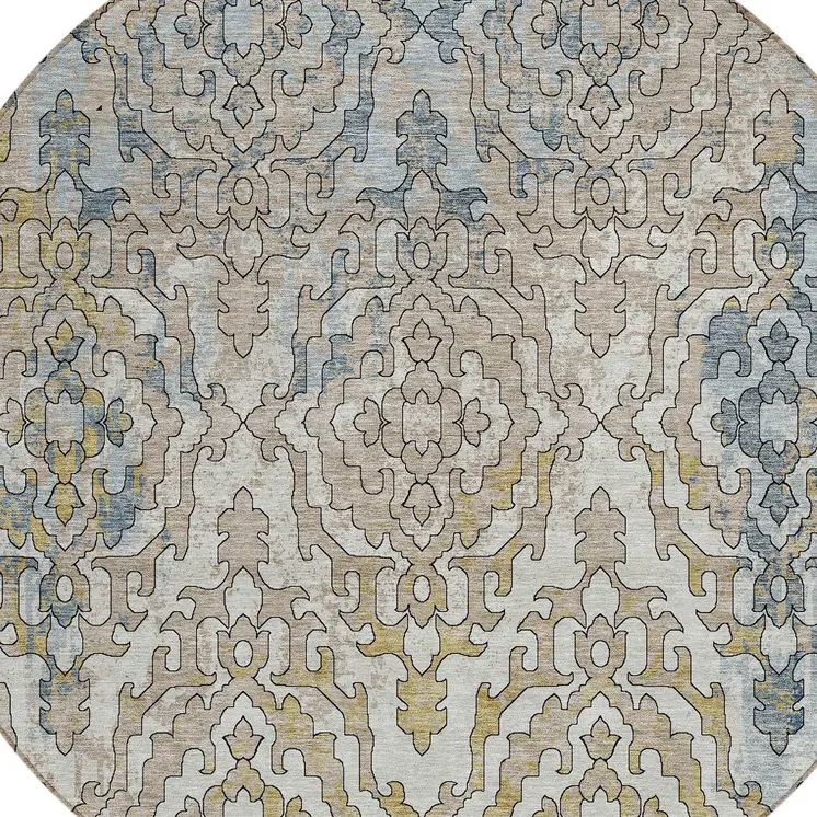 8' Sky Blue And Denim Blue Round Medallion Washable Indoor Outdoor Area Rug
