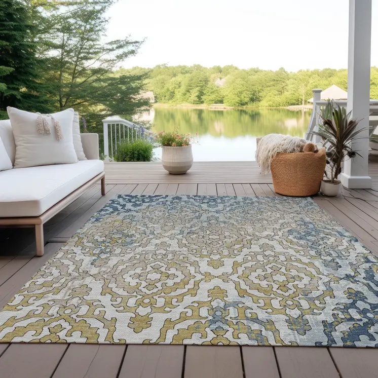 8' X 10' Sky Blue And Denim Blue Medallion Washable Indoor Outdoor Area Rug
