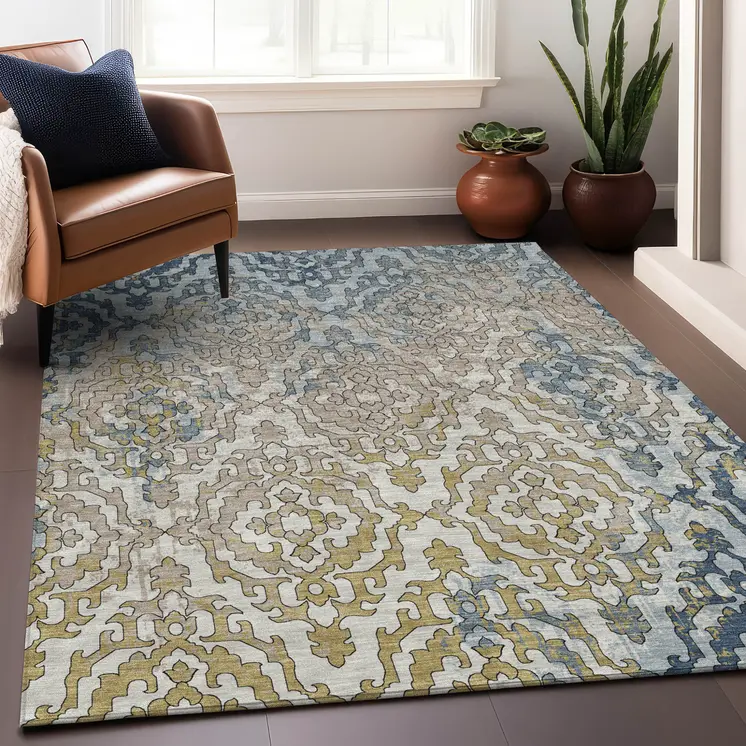 8' X 10' Sky Blue And Denim Blue Medallion Washable Indoor Outdoor Area Rug