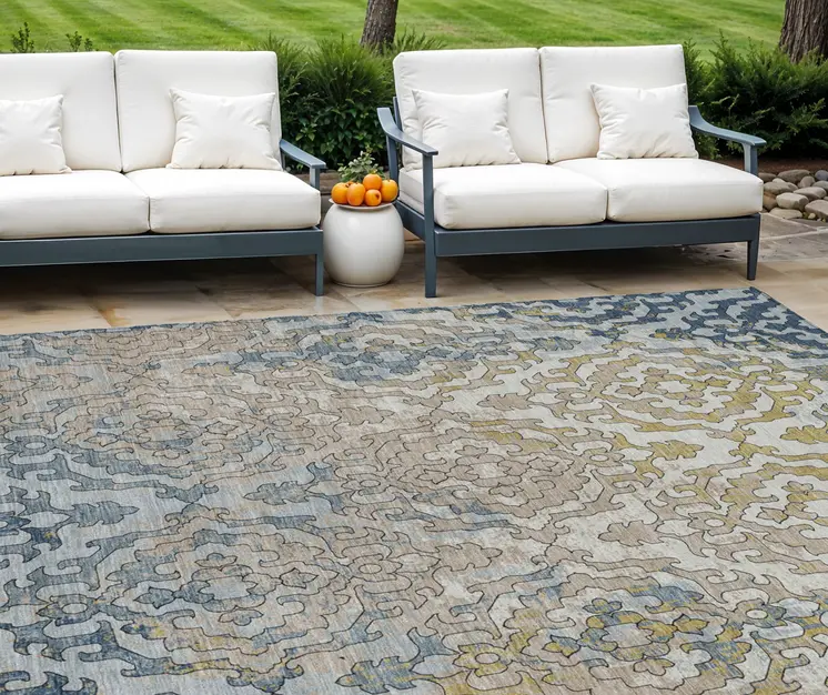 9' X 12' Sky Blue And Denim Blue Medallion Washable Indoor Outdoor Area Rug