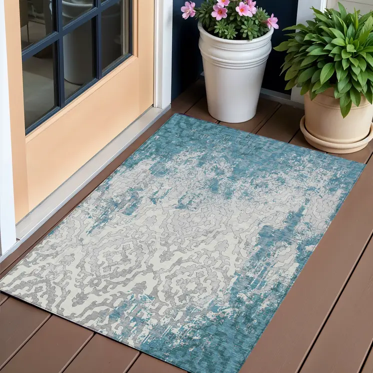 3' X 5' Teal Blue Gray And Ivory Medallion Washable Indoor Outdoor Area Rug