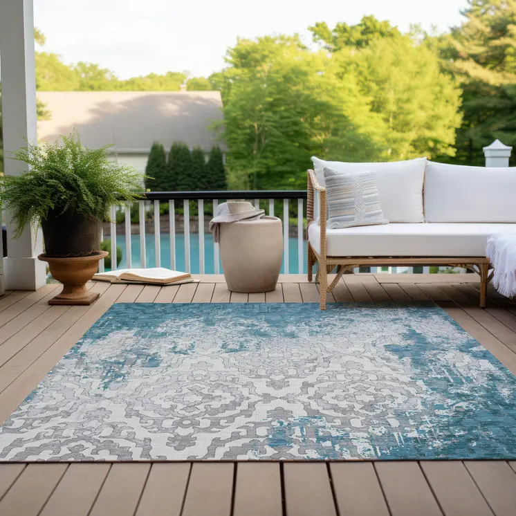 3' X 5' Teal Blue Gray And Ivory Medallion Washable Indoor Outdoor Area Rug