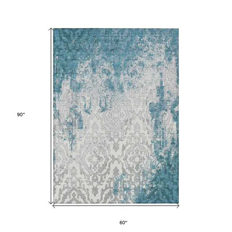 5' X 8' Teal Blue Gray And Ivory Medallion Washable Indoor Outdoor Area Rug