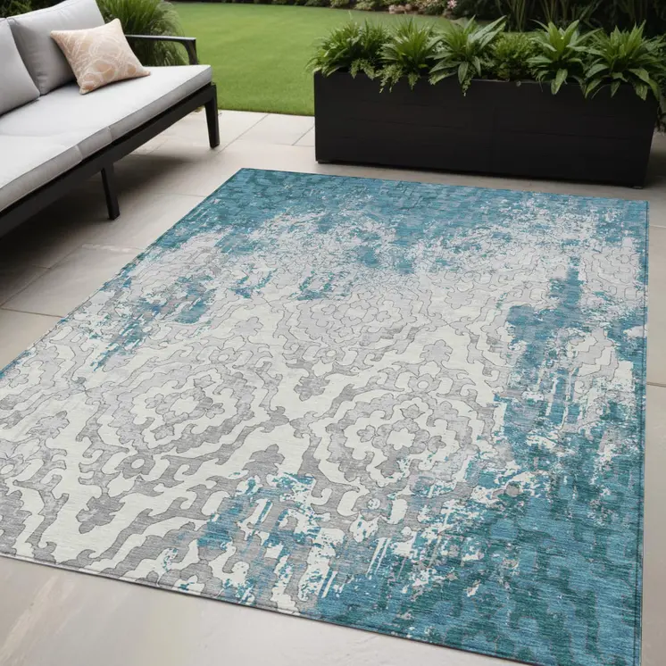 5' X 8' Teal Blue Gray And Ivory Medallion Washable Indoor Outdoor Area Rug