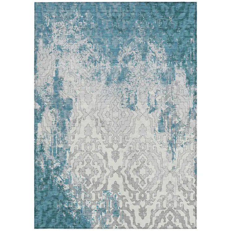 5' X 8' Teal Blue Gray And Ivory Medallion Washable Indoor Outdoor Area Rug