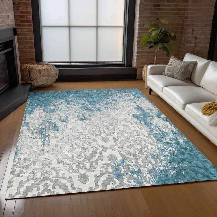 5' X 8' Teal Blue Gray And Ivory Medallion Washable Indoor Outdoor Area Rug