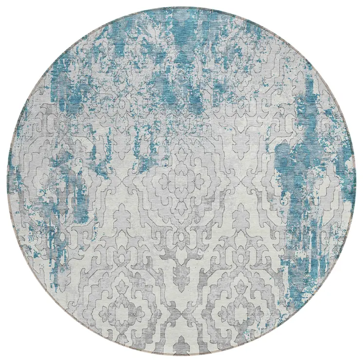 8' Teal Blue Gray And Ivory Round Medallion Washable Indoor Outdoor Area Rug