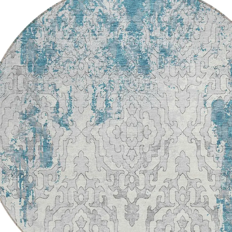8' Teal Blue Gray And Ivory Round Medallion Washable Indoor Outdoor Area Rug