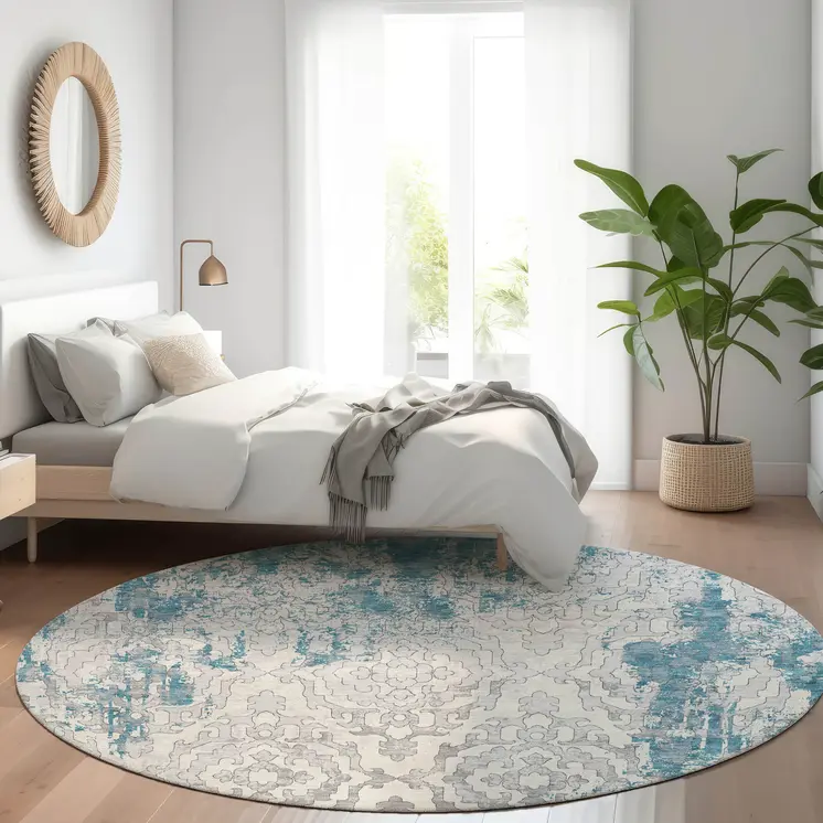 8' Teal Blue Gray And Ivory Round Medallion Washable Indoor Outdoor Area Rug