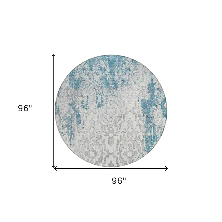 8' Teal Blue Gray And Ivory Round Medallion Washable Indoor Outdoor Area Rug