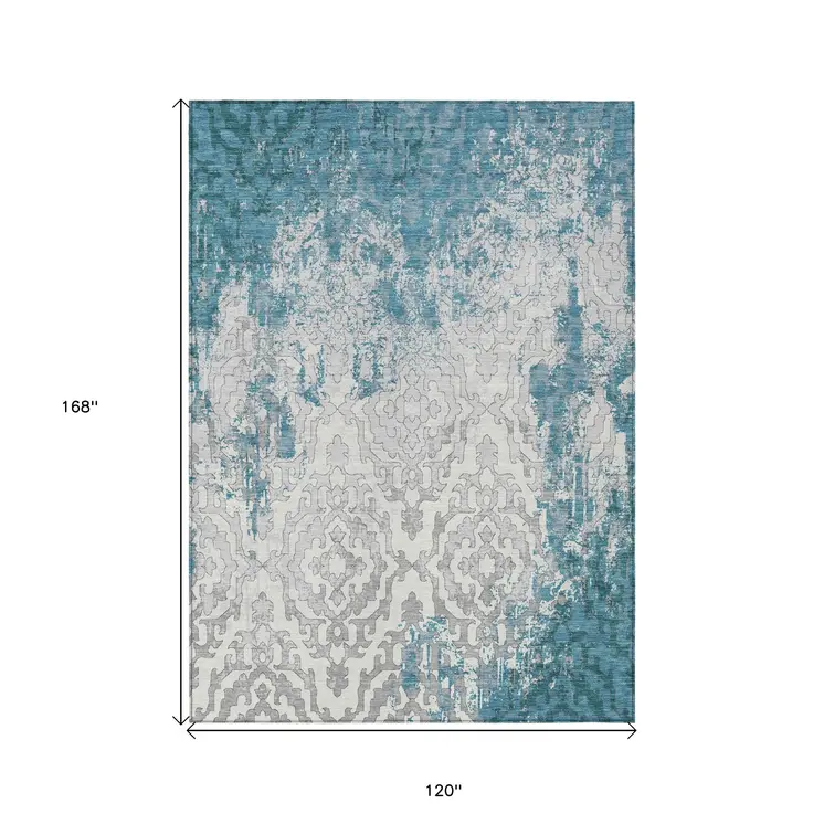 10' X 14' Teal Blue Gray And Ivory Medallion Washable Indoor Outdoor Area Rug